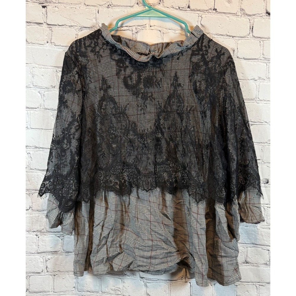 Valerie Stevens XL Plaid‎ Lace Top 3/4 Sleeve Blouse Gray Black